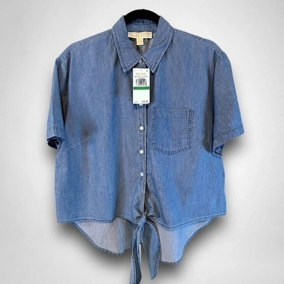 MICHAEL Michael Kors Womens Tie-Front Shirt Light Cadet Wash LARGE NWT - Picture 3 of 6